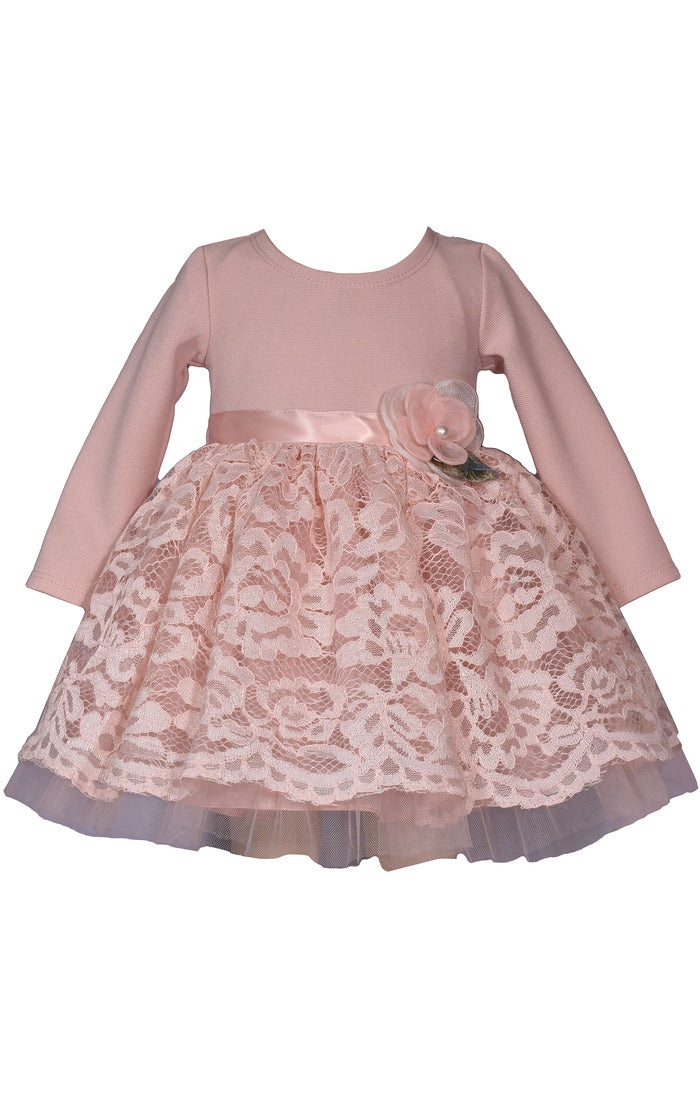 Rose Grace Lace Dress – Blush Pink Long Sleeve Toddler Girl Special Occasion Dress (2T–4T)