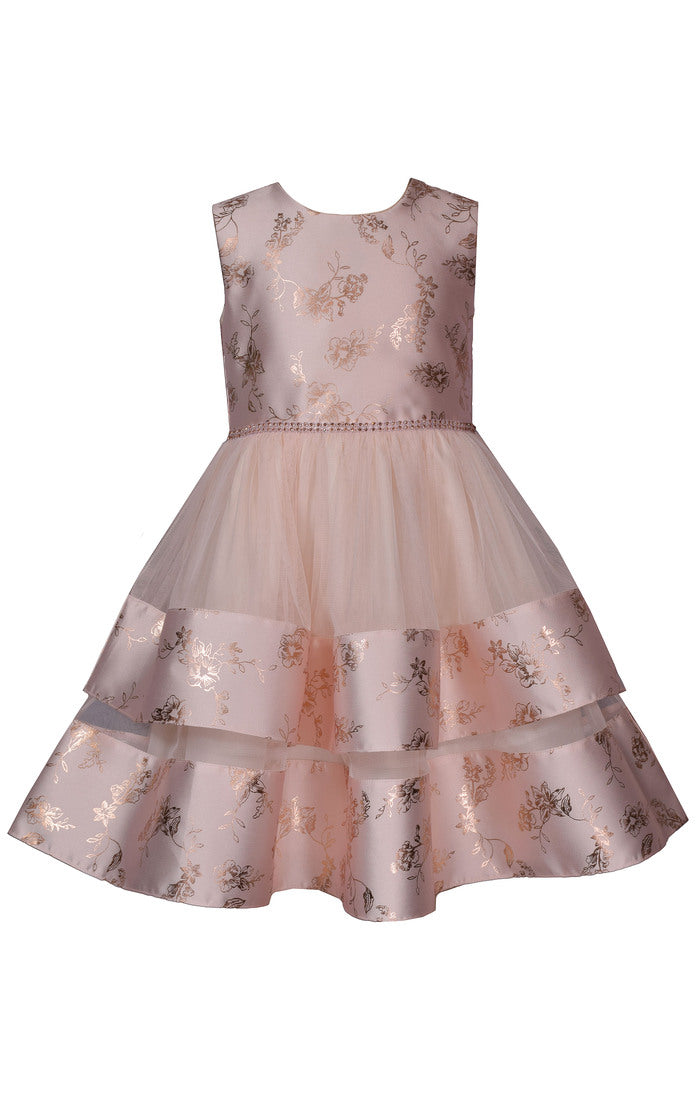 Blush Elegance Tiered Dress – Girls’ Foiled Party Dress (Sizes 4–6X)