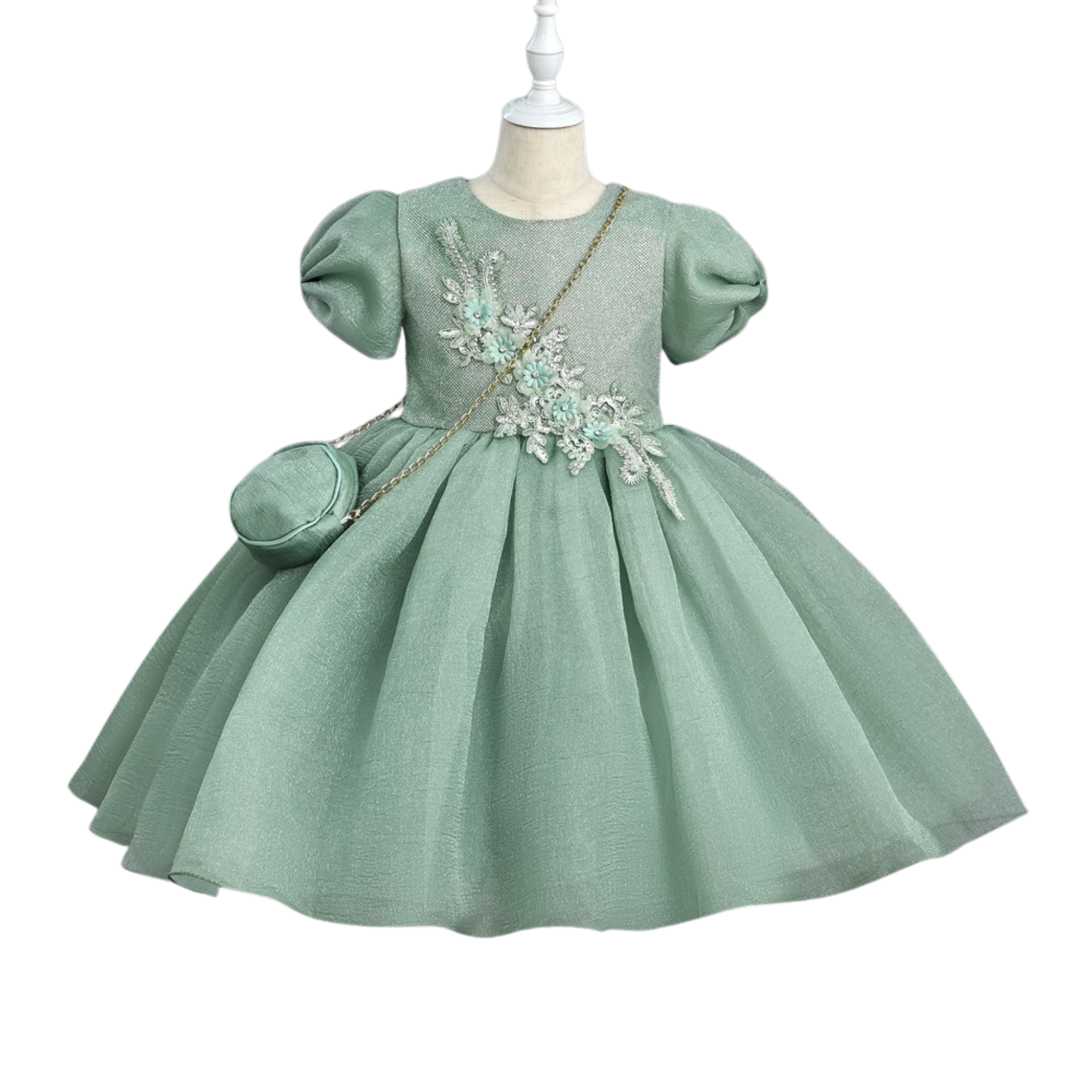 Girls Elegant Party Dress with Floral Appliqué & Purse – Blue, Pink & – Berto Kids Fashion