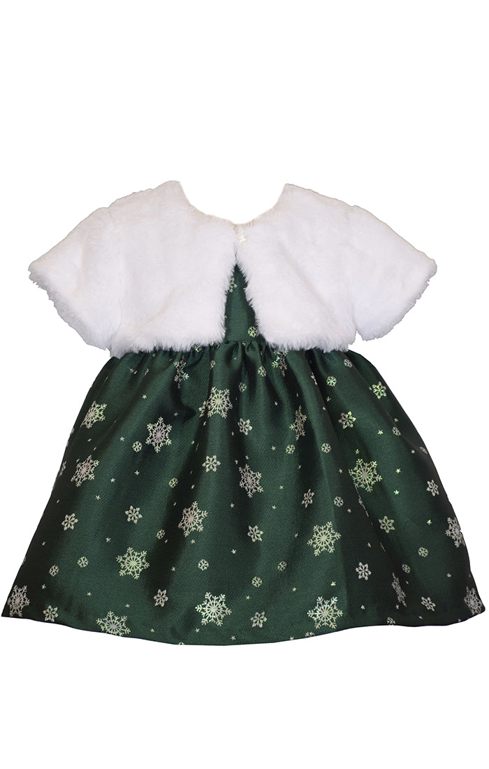 A little girl's black belted dress with a red floral print and a white fur bolero.