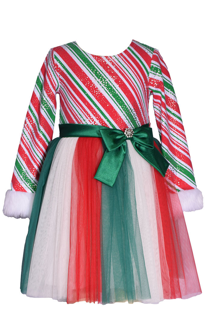 Red, White, and Green Candy Cane Striped Dress with Green Bow for Children - Festive and Stylish Red, White, and Green Candy Cane Striped Dress with Green Bow for Children - Festive and Stylish