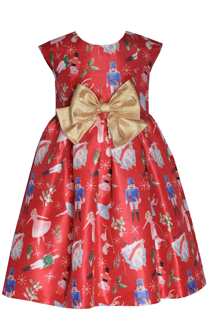 Red dress with gold bow and nutcracker print