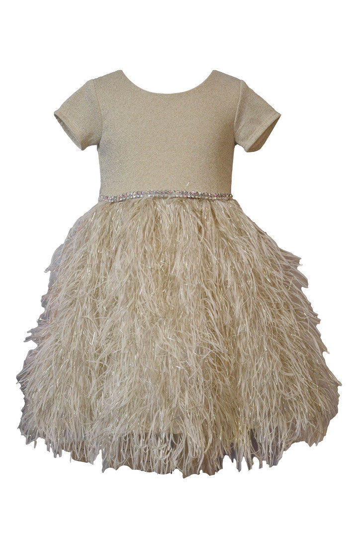 Champagne Feather Sparkle Dress – Girls’ Metallic Knit Party Dress (Sizes 4–6X)
