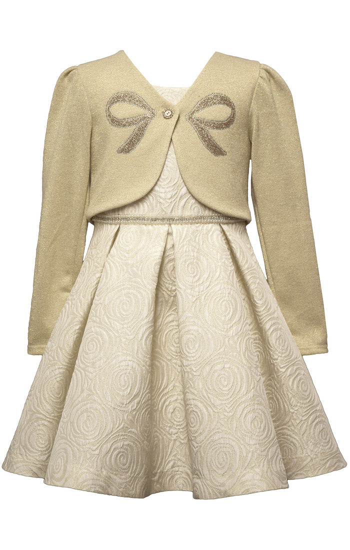 Golden Bow Jacquard Dress Set – Girls’ Party Dress with Sparkle Cardigan (Sizes 4–6X)
