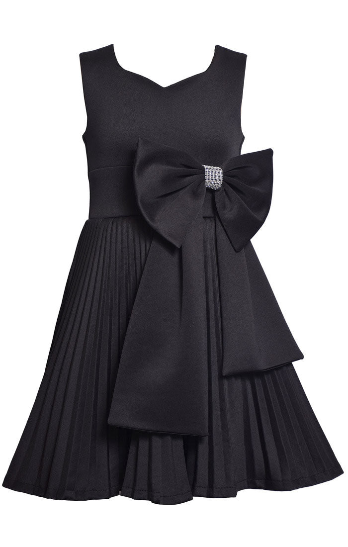 Black Diamond Bow Dress – Girls’ Pleated Scuba Party Dress (Sizes 7–16)