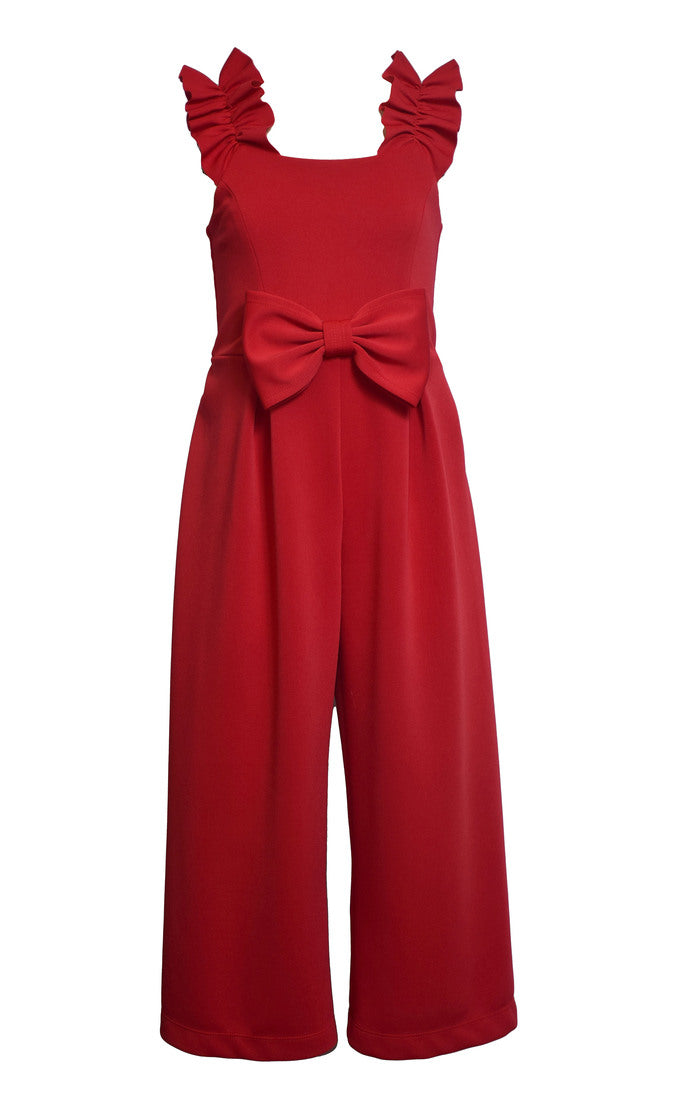 Bow Elegance Jumpsuit – Girls’ Ruffle Strap Party Jumpsuit (Sizes 7–16, Red & Black)