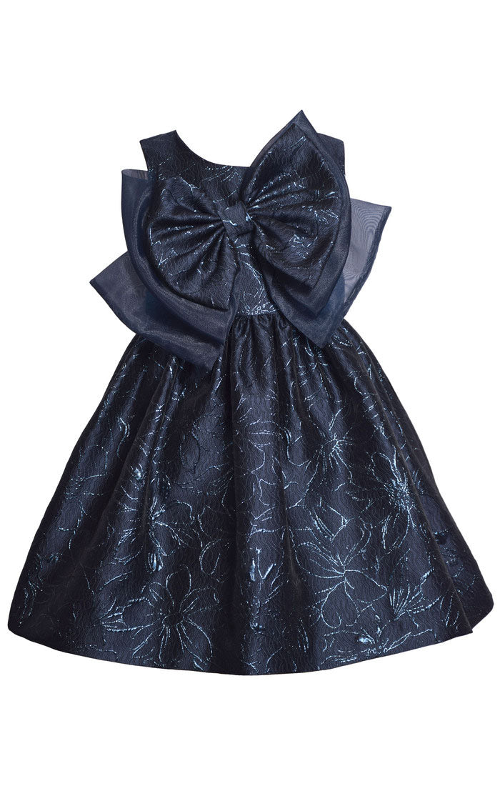 Midnight Bloom Bow Dress – Girls’ Metallic Jacquard Party Dress (Sizes 7 – 16)