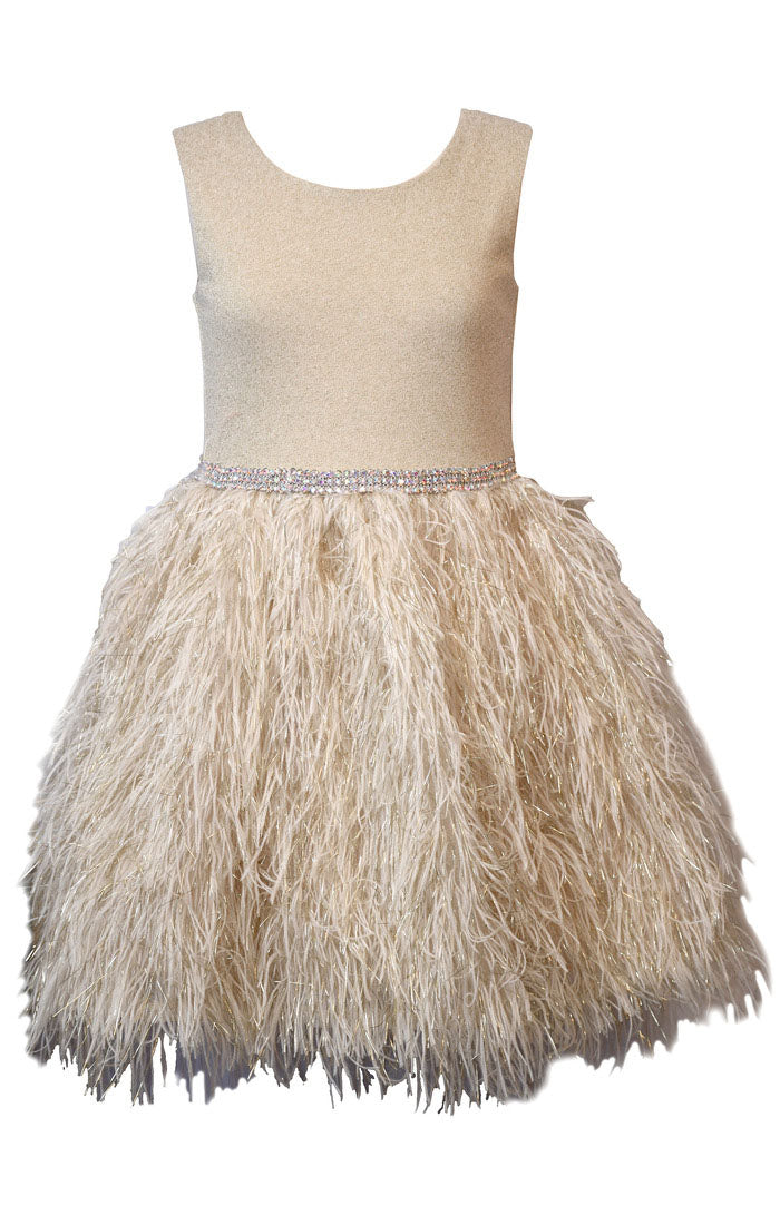 Golden Luxe Feather Dress – Girls’ Metallic Knit Party Dress (Sizes 7 – 16)